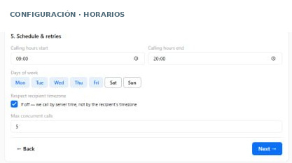 Horarios y reintentos configurables para las llamadas